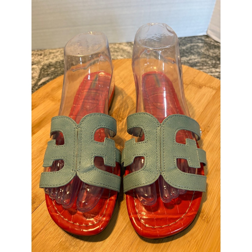 Sam Edelman Bay Slide Sandals Blue Red Croc Embossed Leather Flat Slides Womens